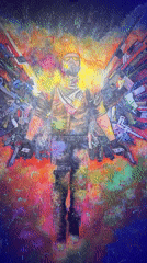 Colorful painting of armed winged figure documented in Batumi