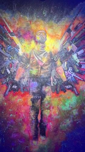 Colorful painting of armed winged figure documented in Batumi