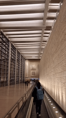 Person with backpack uses moving walkway in Tel Aviv