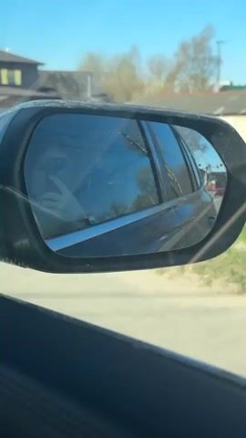 From inside a car on a sunny day, the car’s side mirror shows a house with a brown roof passing on the left, a wooden utility pole with lettering on it, and trees with budding leaves passing in the background. There is a dark-colored car visible in the reflection of the mirror. The driver is visible in the mirror's reflection, but is too small to identify details. The car is in motion. A song is playing.