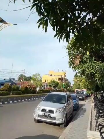 The video shows a street scene with several cars parked on the side of the road. A silver SUV is parked in the foreground, with its front facing the camera. Behind the SUV, a blue car and a black car are also parked. In the background, there are buildings and trees. The sky is blue with some clouds. The video appears to have been taken during the daytime.