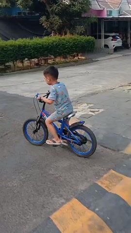 A young boy rides a blue bicycle down a paved road. He is wearing a blue t-shirt with a pattern and shorts. A girl in an orange outfit runs after him. The road is lined with green bushes and trees, and houses are visible in the background. The sky is visible overhead.