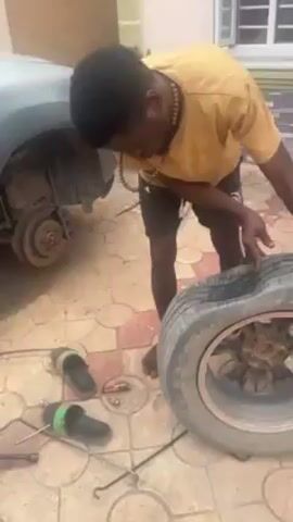 The video shows a man changing a flat tire on a car parked on a paved driveway. The car is light blue or grey. The front left tire is off the car, exposing the brake rotor. A flat tire leans against the car, and another tire is on the ground. Tools, including a lug wrench, are scattered nearby, along with a pair of sandals. The man wears a yellow shirt, black shorts, and a necklace. He initially inspects the flat tire and then walks around it. The background includes a house with white trim and a small green bush.