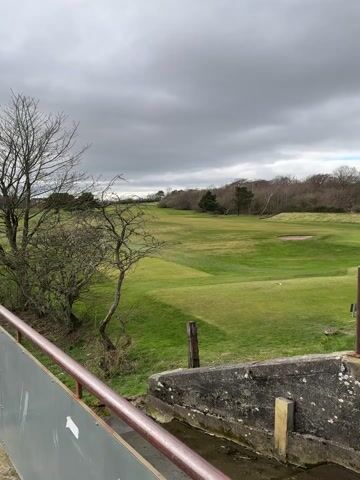 The video opens with a view of a green golf course from an elevated position, likely a bridge or platform. The course features manicured fairways, scattered deciduous trees with bare branches, and a visible sand bunker. The sky above is heavily overcast, suggesting a cloudy day. Metal railings and a concrete structure are prominent in the foreground.

The camera then slowly pans to the right, transitioning the view from the golf course to a large body of water, possibly a lake or reservoir. The water appears dark grey, reflecting the overcast conditions. On the distant shore, rolling green hills are visible, dotted with more trees and several large electricity pylons.

Numerous birds, including what appear to be gulls and possibly other waterfowl, are gathered on the water. Many are resting on a long, low-lying floating platform situated in the middle of the water body. The video concludes with this scene, showcasing the quiet, natural environment under the muted light of an overcast sky in the Townhill, United Kingdom area. No discernible text is visible in the video.