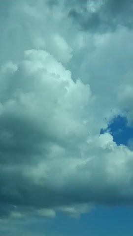 This is a vertical, low-angle shot of a cloudy sky. The clouds are large and voluminous, with areas of bright white, light grey, and darker grey. Patches of blue sky are visible between the clouds. In the lower portion of the frame, a dark, leafy tree branch is visible on the right side, silhouetted against the sky and blowing in the wind. The overall lighting suggests daylight.