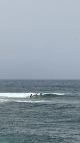 A lone surfer rides a wave in the ocean under a cloudy sky. The surfer is visible as a small red figure on a surfboard, positioned on the face of a breaking wave. The water is dark blue-green, and white foam from the wave stretches horizontally across the frame. The horizon is clearly defined between the sea and the sky. The sky is a uniform, overcast gray. The camera is positioned at a distance from the surfer, showing the vastness of the ocean and the sky.