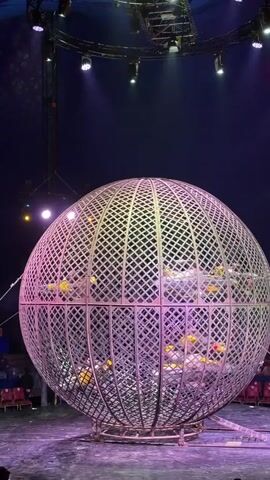 A large, spherical metal cage with a diamond-shaped mesh is centered on a circular stage. Inside the cage, multiple figures, some appearing to be on motorcycles, are visible moving. The cage is illuminated by spotlights from above, casting purple and pink hues on the stage and the surrounding area. The background shows the dark interior of a large venue, possibly a circus tent, with structural elements and lights visible in the upper portion. Rows of red seats are dimly visible in the background.