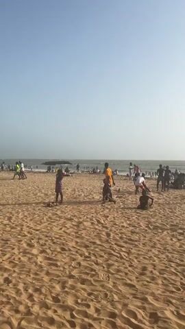 The video shows a crowded beach with tan sand under a hazy, bright sky. There are many people of various ages and clothing styles scattered across the sand, some closer to the camera and some closer to the water's edge. Some people are playing, some are walking, and some are sitting or lying down. A few palm trees are visible, one prominently in the foreground. The sun glares brightly, making it hard to discern details in some areas.
