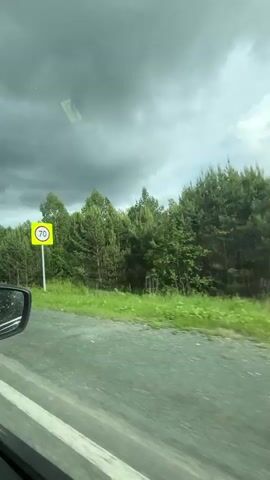 The video shows a view from a moving vehicle. On the right side of the frame, there is a road with some gravel and a white line. Beyond the road, there is a grassy area and a dense forest with many trees. The sky is overcast with dark clouds, suggesting impending rain. There are some traffic signs visible in the distance on the right, including a yellow sign with a white symbol, and a pole with several square, white panels attached to it. The left side of the frame shows a portion of the vehicle's side mirror. The overall impression is a drive through a natural landscape under a stormy sky.