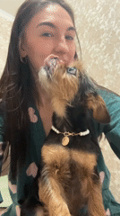 Woman enjoys morning self-care routine with dog in Sochi