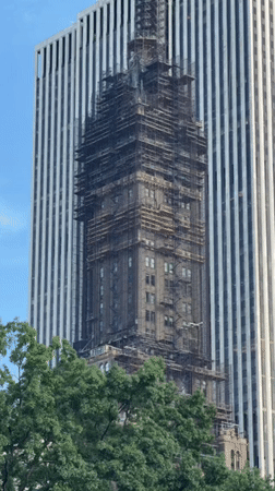 Art, trees, and scaffolded skyline near Central Park