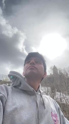 A young man wearing a gray hoodie stands outdoors, looking upwards. The sky is cloudy, with the sun visible through a gap. A building with a tall, pointed tower is visible on a hill in the background, surrounded by bare trees.  A few small flakes appear to be falling in the air.