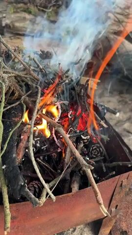 A close-up shot shows a campfire burning in a rustic, rusted metal fire pit. The fire is fueled by dry twigs and branches, some of which have small pinecones attached. Flames lick at the wood, creating a vibrant orange and red glow against the dark char and ash. Wisps of white smoke rise from the fire, obscuring the background slightly. The overall scene is one of a natural, outdoor setting, likely a campsite or a picnic area, with the focus solely on the dynamic and intense flames of the burning wood.