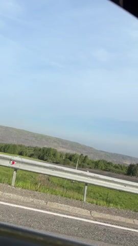 The video shows a side view from a vehicle moving past a natural, mostly green landscape under a bright, clear sky. A metal barrier runs parallel to the vehicle, separating it from the landscape. The landscape features a large hill or mountain in the background, with patches of green vegetation and exposed earth. In the midground, there are numerous trees, some with green leaves and some appearing bare. A light-colored pole is also visible among the trees. The overall impression is one of movement through a scenic, natural environment.