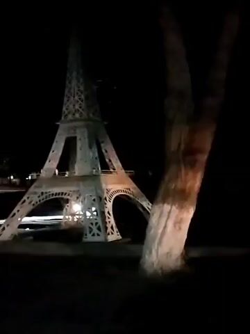 A miniature Eiffel Tower replica stands illuminated at night. The replica is white and intricately designed. Trees with white-painted bases are visible around it. In the background, there are cars and some buildings, suggesting an urban or park setting. The moon is visible in the dark sky, partially obscured by clouds and trees, casting a soft glow. The lighting suggests it is nighttime.