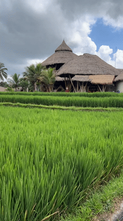 Traditional bamboo building captured amid Tegallalang rice fields