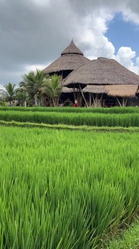 Traditional bamboo building captured amid Tegallalang rice fields