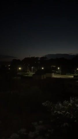 The video shows a dark, rural landscape at dusk. The sky is a deep blue transitioning to black. In the distance, there are a few houses with lights on, and streetlights illuminate a road. Trees and bushes are visible in the foreground and mid-ground, appearing as dark silhouettes against the dim light. The overall impression is one of quiet and stillness in a rural environment as night falls.