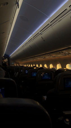 Aircraft cabin documented during evening flight over New York