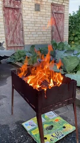 A barbecue grill with a fire is in the foreground. In the background, there are two wooden doors of a brick building and some cabbage plants.