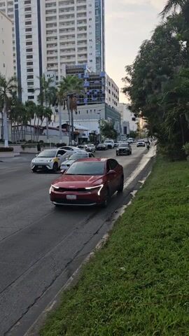 The video shows a street in a city with high-rise buildings on either side. Traffic moves along the road, consisting of cars, taxis, and a motorcycle. Palm trees and lush greenery line the side of the street, next to a grassy area. The sky is bright with the sun obscured. There is pedestrian activity on the sidewalk across the street. The video is shot from ground level.