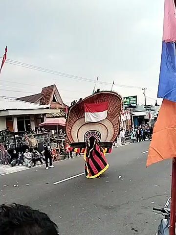 The video shows a street parade. A person dressed in a costume that resembles a large, ornate headdress is walking in the middle of the road. The headdress is decorated with traditional patterns and has the Indonesian flag displayed on it. Several people are walking alongside the costumed individual, some in traditional attire. On the sides of the street, there are crowds of spectators watching the parade. Buildings and trees line the street, and flags of various colors are visible. The sky is overcast.