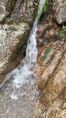 The video shows a small waterfall or stream cascading down a rocky incline. The water is clear and turbulent as it flows over the rocks. Some rocks are covered in green moss or small plants.  The stream flows into a wider body of water further down. The camera angle is mostly from above, looking down at the waterfall.