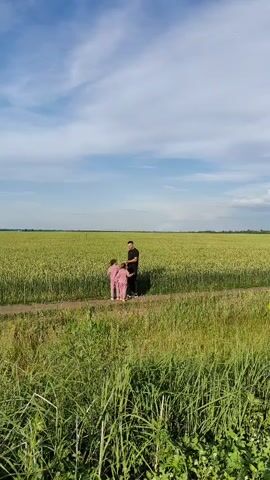The video captures a wide shot of a father and his two young children standing in a field of tall green crops under a partly cloudy blue sky. The father, wearing a dark shirt and pants, stands on the right, while the two children, dressed in matching pink outfits, are on his left. They are positioned on a dirt path that cuts through the field. The overall scene depicts a peaceful, outdoor setting.