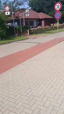 The video shows a perspective of someone on a motorcycle looking towards a street with a house and trees in the background. There are two traffic signs on the right side of the road. The top sign indicates a speed limit of 30. The bottom sign is a red circle with a blue cross, which signifies no stopping. On the left side of the road, there is another sign with a 35 speed limit and an arrow pointing downwards. There is a paved sidewalk in the foreground. Further down the road, a large black statue of a rooster is visible. The weather appears to be sunny.