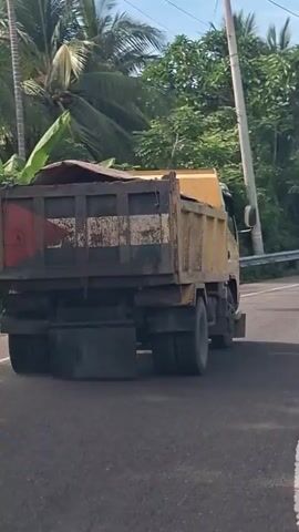 The video shows the rear of a yellow dump truck driving away from the camera on a paved road. The truck has a worn, metallic bed covered by a tan tarp. The sides of the bed are marked with red and white paint. The truck has dual rear wheels. The road is flanked by lush green vegetation, including palm trees, and there are utility poles visible in the background. The sky is blue with some clouds. In the distance, there appear to be some buildings and another white vehicle.