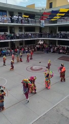 A vibrant cultural performance unfolds in an open-air concrete courtyard, likely part of a school or community center in Cabudare, Venezuela. Approximately 15-20 performers, dressed in elaborate, multi-colored fringed costumes with intricate designs and headpieces, dance energetically across the paved surface. Their costumes feature bright hues of pink, yellow, blue, green, and red, creating a striking visual spectacle. Many dancers hold props such as feathered sticks or small hoops, adding to the dynamism of their movements.

The courtyard, marked with basketball court lines, is surrounded by multi-story buildings with light-colored facades and numerous windows. People are gathered on the ground floor, seated in chairs, and observing from the balconies on the upper levels, indicating a significant audience for the event. Overhead, strings of rectangular flags in yellow, blue, and red (colors of the Venezuelan flag) are strung across the courtyard, enhancing the festive atmosphere. The scene is brightly lit by natural daylight under a clear sky, suggesting pleasant weather for the outdoor gathering. The overall impression is one of a lively and joyful community celebration.
