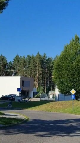 The video captures a sunny day in Písek, Czechia. The scene is an outdoor environment with a clear blue sky. In the foreground, a paved road casts shadows, indicating it's likely morning or late afternoon. The middle ground features a modern building with white and brown sections, surrounded by lush green grass and trees. Several bicycles are parked near the building. A black car is also visible, suggesting a residential or commercial area. A prominent green tree stands to the right of the frame, with a blue and yellow traffic sign indicating a hazard or specific road condition. In the background, a dense forest of tall pine trees stretches across the horizon. The overall impression is one of a peaceful, well-maintained suburban or semi-rural setting on a bright, clear day. There is no visible text in the video.