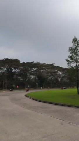 The video captures an outdoor scene, likely a park or a large green recreational area, in Babakan Madang, Indonesia, during what appears to be late afternoon or early evening. The sky is overcast and a pale gray, with a subtle hint of pinkish-orange on the horizon, suggesting dusk.

In the foreground, a paved asphalt road curves gently from the left and continues towards the center-right. A black scooter with two riders, a man in a red jacket driving and a woman in a white top and blue jeans as a passenger, travels from left to right across the road, briefly showing its illuminated taillight, before exiting the frame.

Adjacent to the road, a wide, neatly mown expanse of bright green grass stretches across the middle ground. Scattered across this grassy area are several young trees supported by wooden stakes. On the right side of the frame, a couple of tall, slender trees with dark foliage, possibly pines, stand prominently. In the background, a dense line of mature trees forms a lush green canopy, extending across the entire width of the scene and suggesting a wooded area or forest. No text is visible in the video.