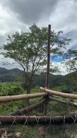 The video shows a rural view from an elevated platform made of bamboo and netting. A tall bamboo pole rises vertically in the foreground, while other bamboo pieces form a horizontal structure covered in black netting. The background features a lush green landscape of trees and rolling hills under a cloudy sky with patches of blue. There are no people visible in the video. The camera slowly pans from left to right.  Electronic music can be heard.