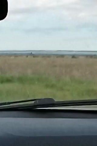 The video shows a view from inside a vehicle, looking out through the windshield. The windshield has a dark object in the upper left corner, possibly a rearview mirror or a dashcam. The sky is visible in the background, with clouds and a pale blue hue. Below the sky is a distant horizon line, which appears to be a blurry landscape of fields. There is a strip of dark material at the bottom of the frame, which is likely the dashboard or hood of the vehicle. The camera is in motion, creating a slight blur effect, suggesting the vehicle is driving.