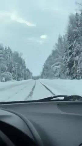 The video depicts a view from inside a car, looking out onto a snow-covered road. Tire tracks are visible in the snow, indicating that other vehicles have driven on the road. The road is bordered on both sides by snow-covered trees. The sky is overcast and a distant car can be seen driving on the road ahead.