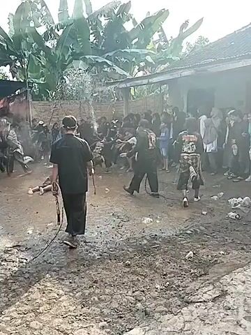 The scene depicts an outdoor gathering in a muddy area. A crowd of people, including some children, are observing a performance of some kind. Several individuals, possibly performers, are dressed in dark clothing. One person lies motionless on the ground, while another appears to be kneeling or bending over them, potentially attending to them. A man stands nearby holding a whip. Water appears to be being sprayed into the air, adding to the activity in the space. The background includes greenery and a building.
