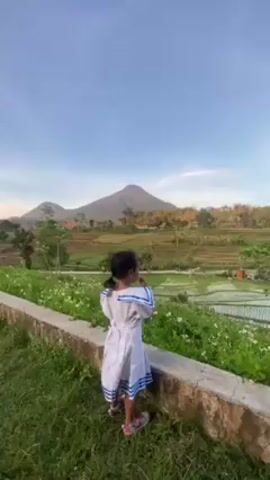The video shows a small child, viewed from the rear, standing next to a low stone wall. The child has dark hair in a ponytail, is wearing a white dress with blue stripes, and pink sandals. In the background is a landscape featuring rice paddies and a mountain. The child points at something in the distance, then puts something in their mouth. The weather appears clear.