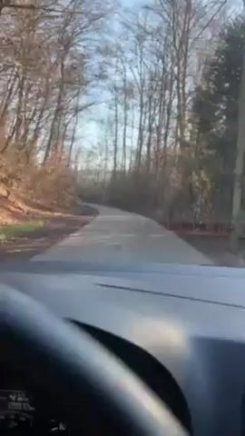 The video shows a first-person perspective from inside a car driving on an asphalt road. The road winds through a wooded area with bare trees on both sides. The sky is visible through the trees and is a light blue color. The car's dashboard and steering wheel are visible in the foreground. A song plays loudly. A person is seen walking on the side of the road, ahead of the car, toward the end of the video.