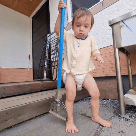 Toddler's morning at a rural Dunnae-myeon property with a dog