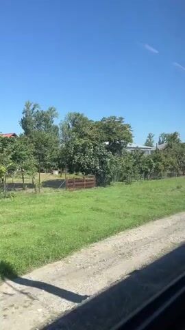 A video shows a view from a moving vehicle, likely a train, as it passes through a rural landscape. The scene is dominated by a clear blue sky and lush green fields. Several trees, varying in size and density, dot the landscape. A few houses with red roofs are visible amidst the greenery. A dirt road runs parallel to the tracks, and in some parts, there are fences and power lines. The camera pans slowly, capturing the peaceful, bucolic scenery. The overall impression is one of a journey through the countryside on a sunny day.