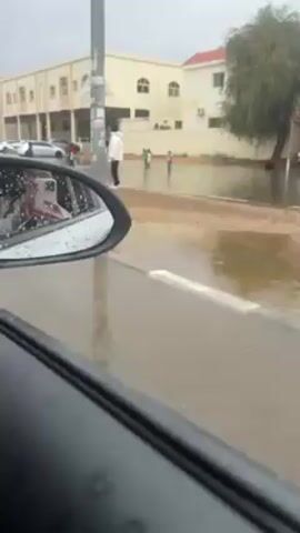 The video shows a flooded street, likely in a residential area. Several people, including children, are wading through the water. The view is from inside a car, focusing on the street and sidewalk outside the passenger window. The floodwater covers the road surface and extends onto the grassy areas beside the sidewalk. Buildings and parked cars can be seen in the background. The weather appears overcast and rainy.