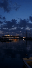Cruise ship lights illuminate Montenegro harbor at nightfall