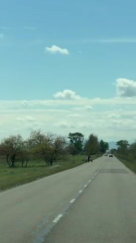 The video shows a person driving a small, open, four-wheeled vehicle on a paved road, with another car in the distance. The road is lined with green grass and trees with emerging foliage under a bright blue sky with scattered clouds.