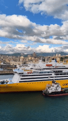 Ferry vessels docked at Port of Genoa harbor