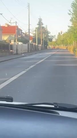 The video shows a view from inside a vehicle traveling down a street. The street has a double yellow line in the center, with dashed white lines indicating the lanes. On the left side of the street are houses and trees. On the right side of the street are trees and a patch of dry grass. There are several traffic lights visible. At approximately 00:01, a red traffic light is visible. At approximately 00:04, the red traffic light is still visible. A few cars are visible in the distance. The sky is clear and blue, and the sun appears to be shining.