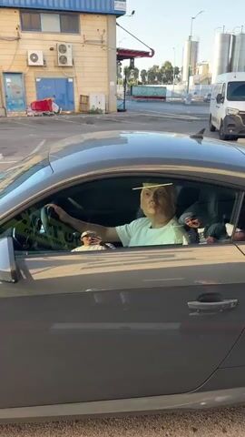 A gray Audi TT sports car is parked on a paved surface. The driver's side window is down. A person wearing a mask resembling Donald Trump is in the driver's seat. Another person, wearing a white shirt and a baseball cap, is in the passenger seat. The car appears to be on a street or parking lot with buildings in the background. The sun is shining, casting shadows. The video pans to the rear of the car, showing its license plate.