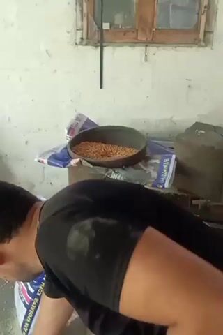 The video shows a person in a black shirt pouring corn from a metal bucket into a cylindrical container that appears to be a grain grinder. The grinder is placed on top of another metal object, possibly a stove or a furnace. A large bag of animal feed is on the floor next to the grinder. The background appears to be an outdoor or semi-outdoor space with a white wall and a wooden window frame. The lighting is dim.
