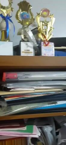 The video shows a shelf with several trophies on the top level, and various items such as books, papers, and rolls of tape on the second level. The third level contains files and papers. The shelf is made of wood. The lighting is a bit dim. There are no people visible in the video.