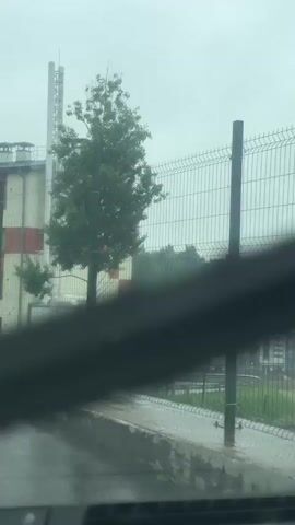 A video captures a street view on a rainy day. In the foreground, a wet asphalt road is visible with reflections of the overcast sky. A concrete curb runs along the side of the road, and a metal mesh fence separates the road from a grassy area. Beyond the fence, a multi-story building with a distinctive red and white checkered facade stands. A tall, slender smokestack rises behind the building. Further in the background, more buildings and lush green trees can be seen under the hazy, grey sky. The camera appears to be moving, likely from inside a vehicle, as indicated by the occasional blur in the foreground, possibly from a windshield wiper. The overall atmosphere is gloomy and damp due to the persistent rain.